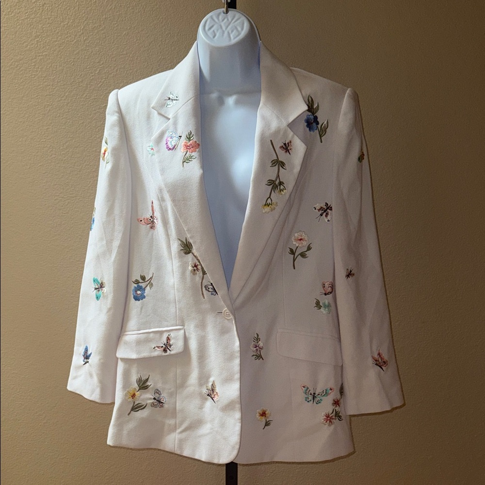 Vintage Together Floral Butterflies Embroidered White Blazer Women’s Size 10P
